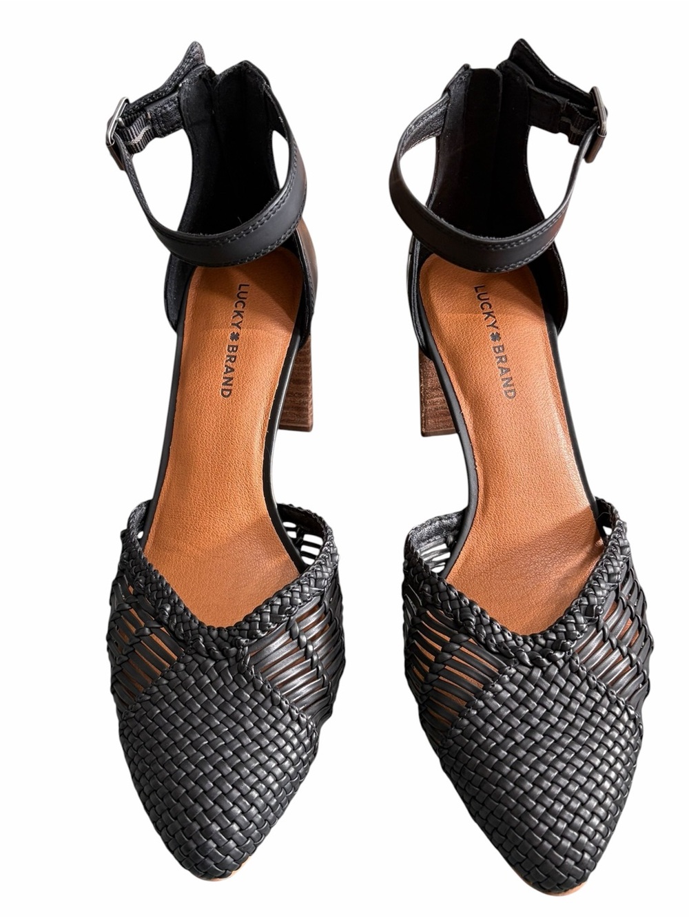 Lucky Brand Black Woven Pointed-Toe Ankle Strap Heels